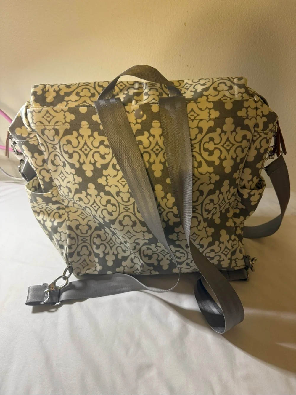 Petunia Pickle Bottom Gray and White Patterned messenger Diaper Bag